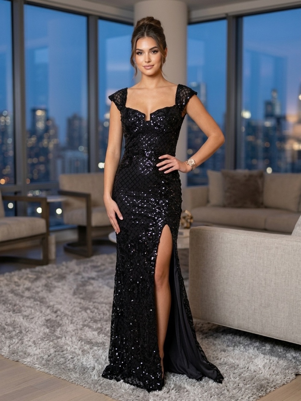 NWT Windsor Black Sequin Formal Evening Gown Midi Slit Dress Size XS